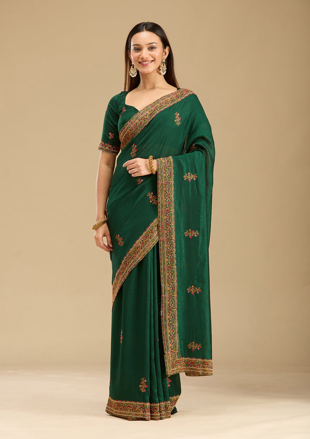 Bottle Green Kashmiri Soft Raw Silk Saree